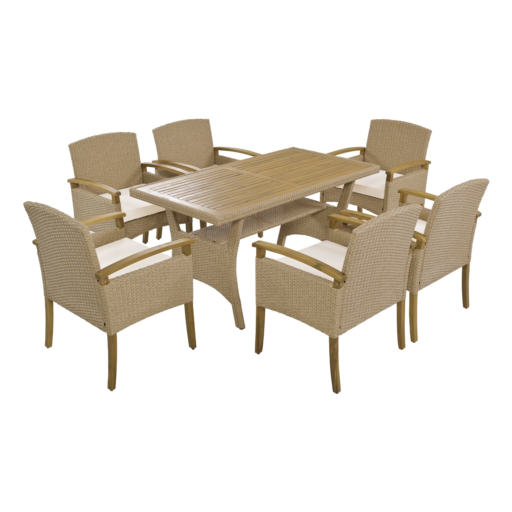 7-Piece Dining Table Set All Weather PE Rattan with Wood Tabletop and Cushions