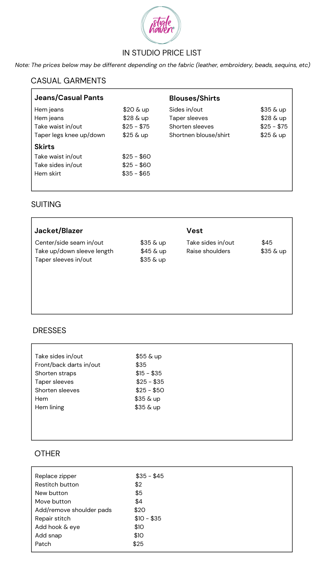 Pricing list for services