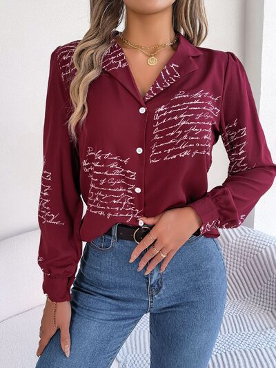 Letter Print Button Up Long Sleeve Blouse AC