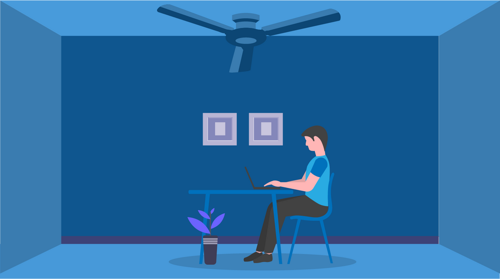 A person in their room with a low ceiling under a flush mount fan