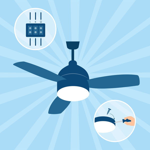 A remote control ceiling fan that is receiving maintenance from an electrician.