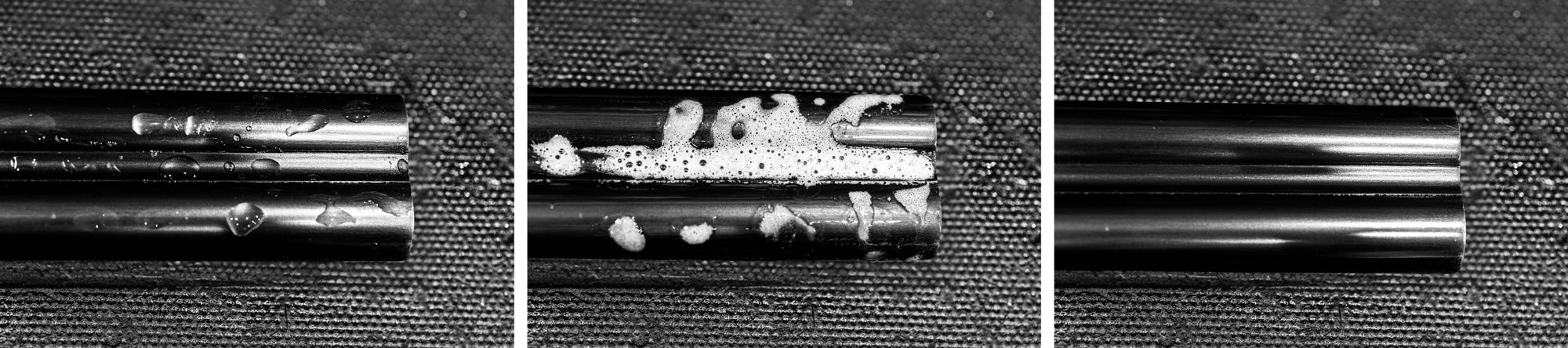 3 images - Moisture on a gun barrel - Pro Ferrum encapsulating moisture on a gun barrel- Gun barrel after the encapsulated moisture has been wiped off with a cloth