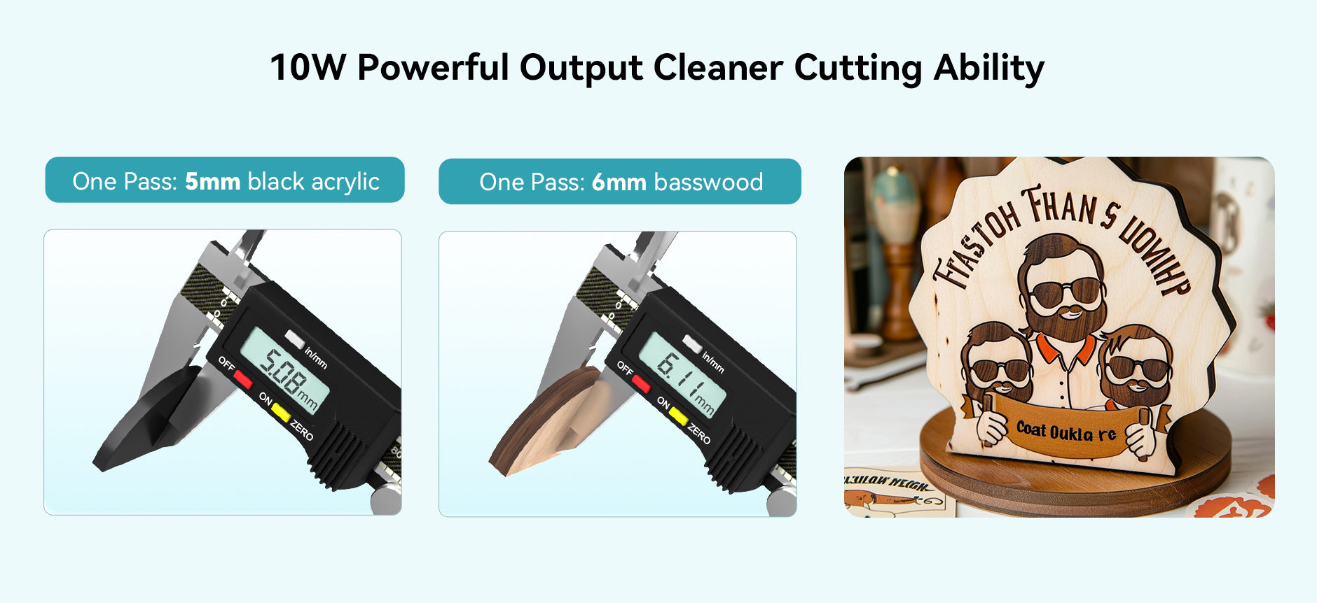 The 10W CR-Laser Falcon Engraver Upgrade Package by CrealityFalcon precisely measures 5mm black acrylic & 6mm basswood. Right: a wooden sign engraved "Thastoh Than S Lowhip." Auto add to cart for $140 off.