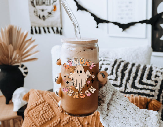 Halloween Glass Can, Ghost Glass Cup, Iced Coffee Glass for Spooky