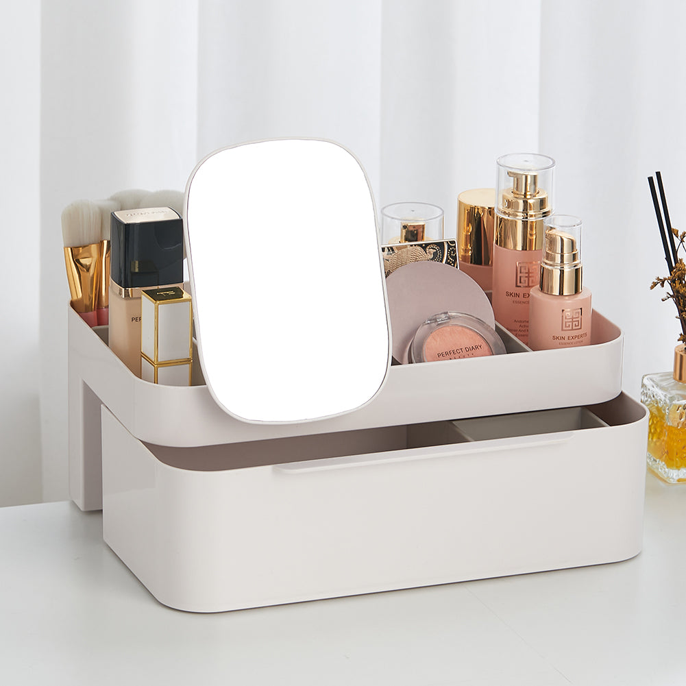 Image of Off-white 2 Compartments Makeup Cosmetic Organizer with Mirror