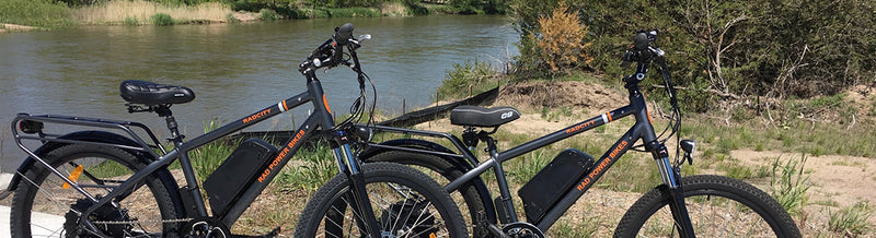 Two 2017 era RadCity electric metro bikes alongside a lake.
