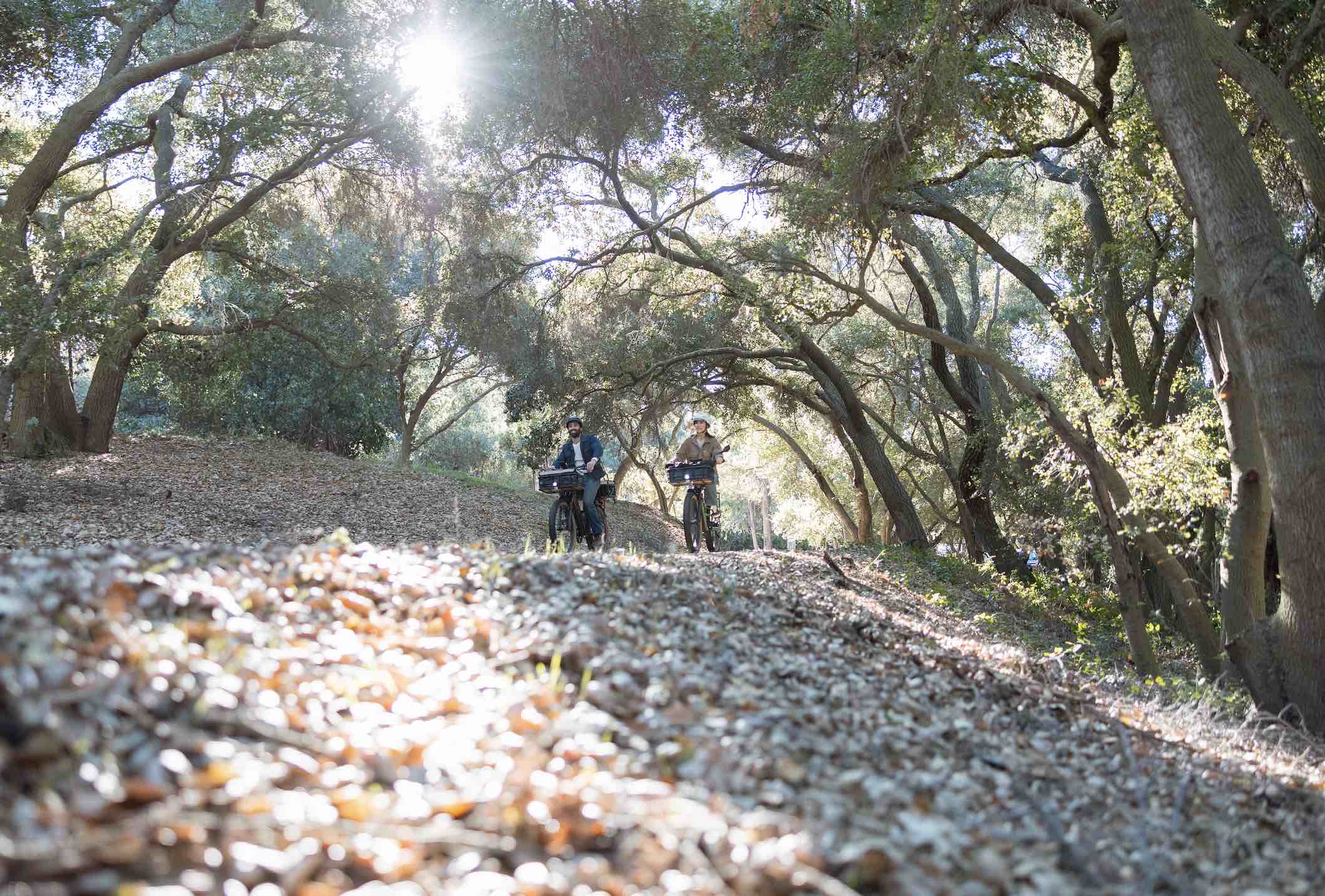 Two people ride their Radster Trail on a dirt road covered in fall foliage.