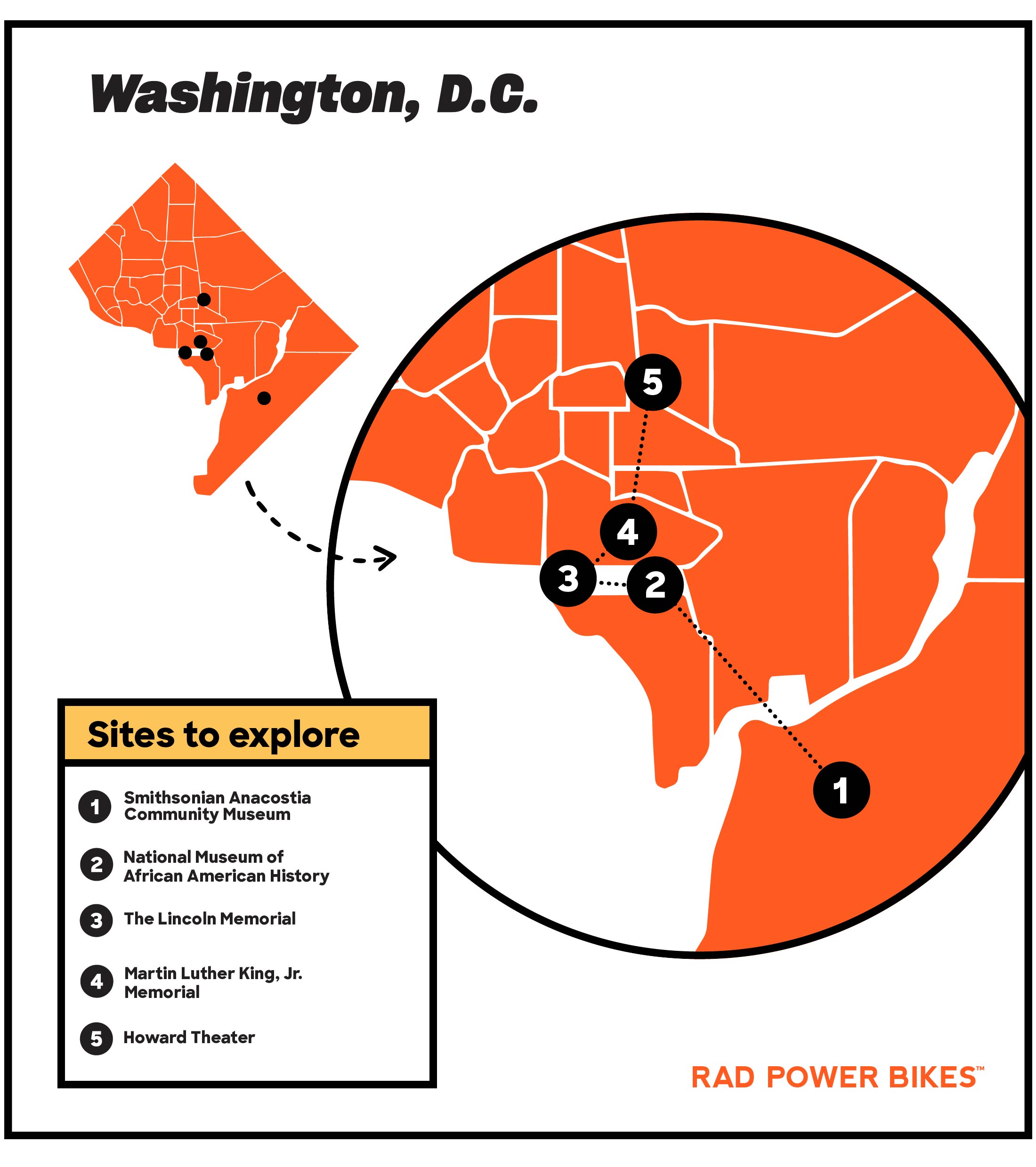 A riding map of Black history sites in Washington, D.C.