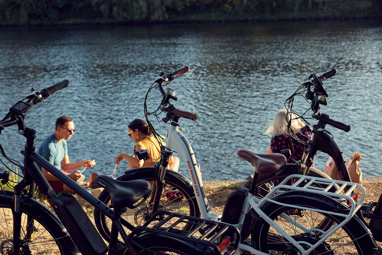 A group of friends sit by the waterfront on a sunny day with their electric bikes in the foreground.