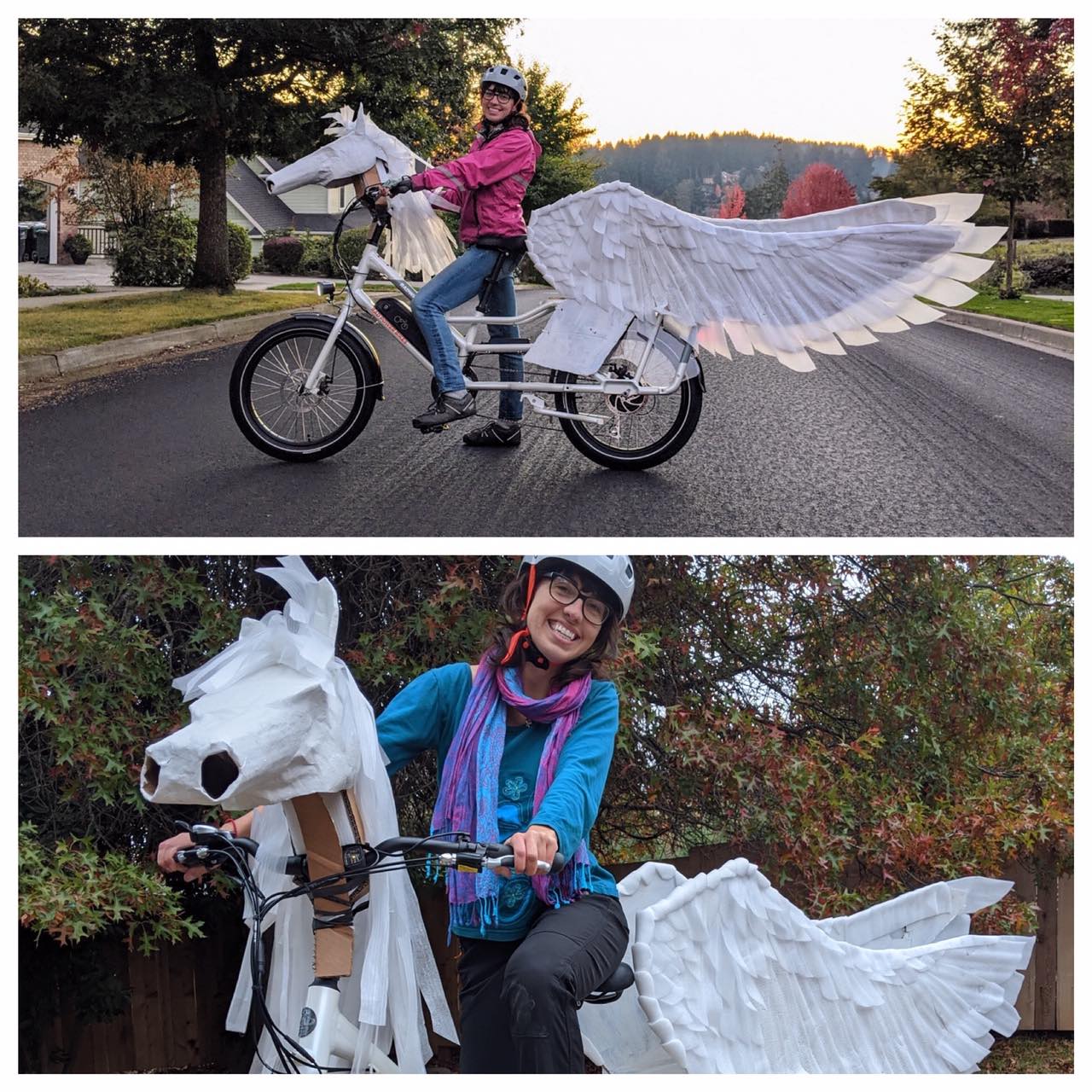 A woman rides a RadWagon decorated like a unicorn.