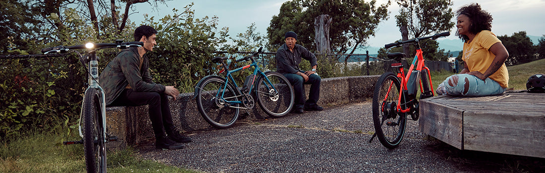 A group of friends talk together in a park next to their RadMission electric metro bikes.