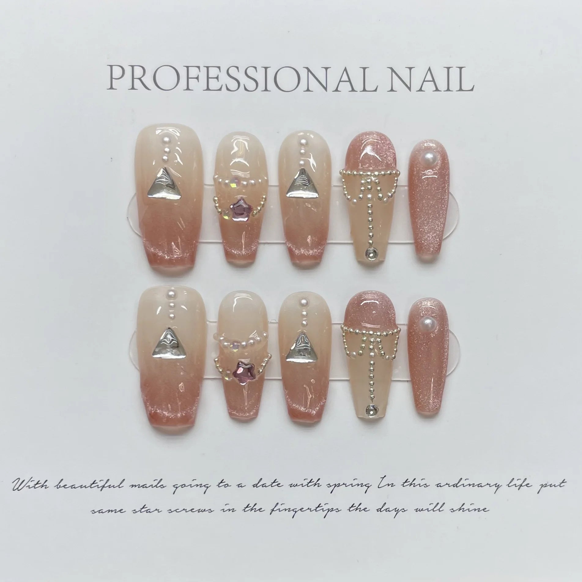 10Pcs Handmade Fake Nails with Rhinestone Glitter Pink False Nails Long Ballet Full Cover Nail Tips Wearable Press on Nails
