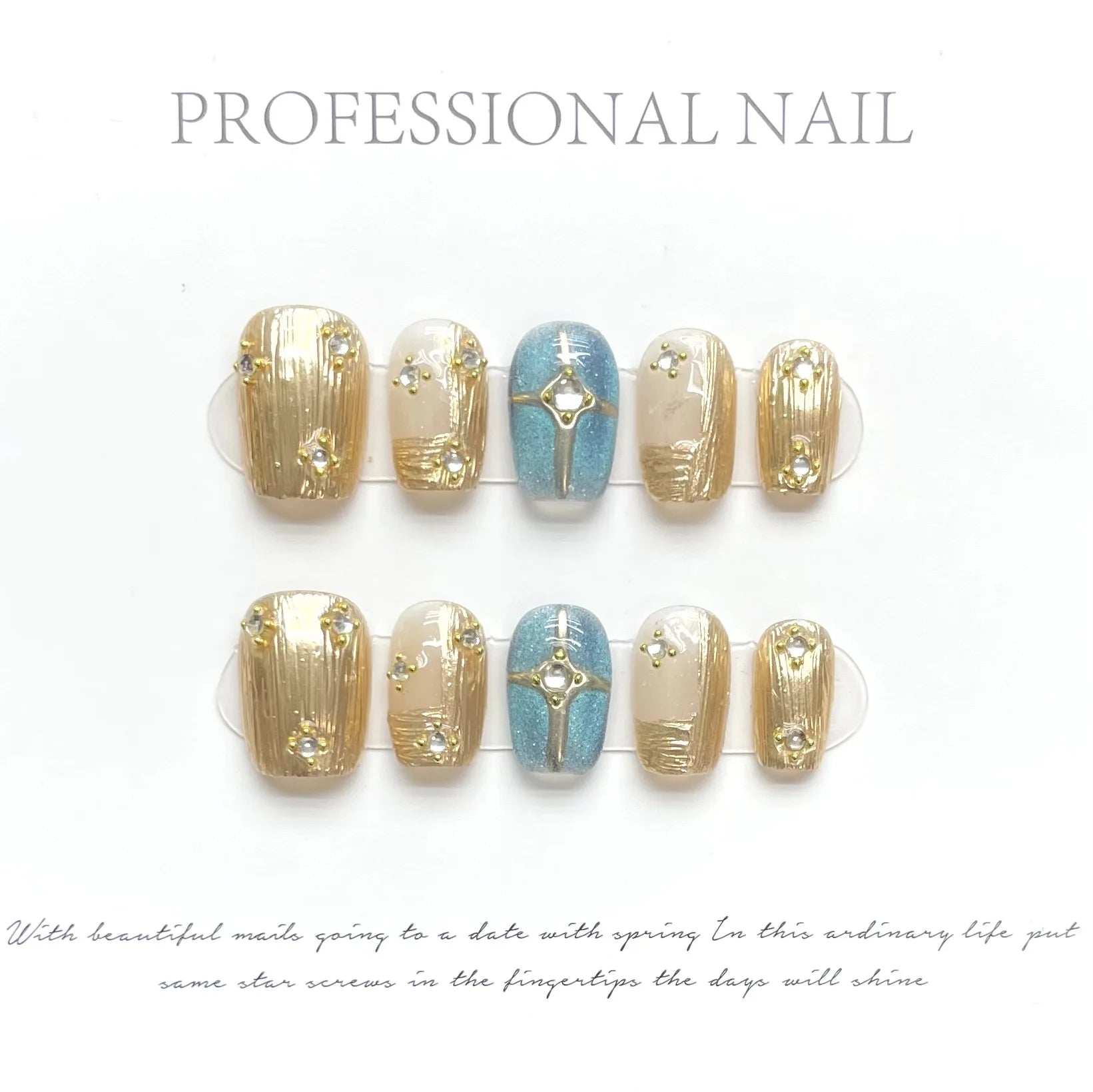 10Pcs Short Gold Handmade Press on Nails Moon Ballet Wearable Rhinestones False Nails Glitter Decoration Manicure Nail Tips Art