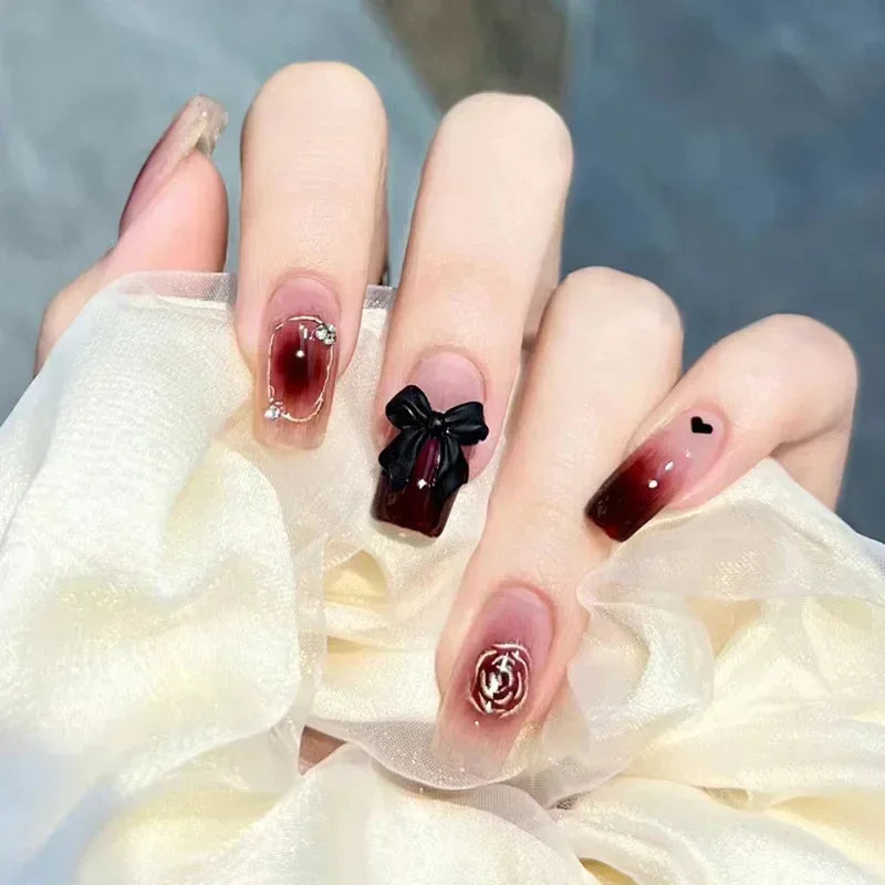 24pcs Black Short Ballet False Nails with Glue French Design Detachable Fake Nails Art Heart Full Cover Press on Nails Tips