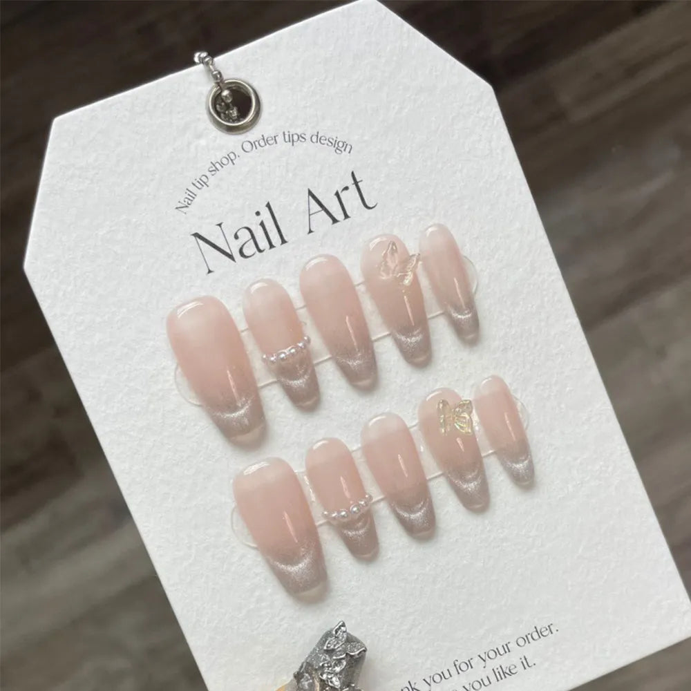 Handmade Fake  Nails Cute Butterfly Cat Eye With Designed Reusable Adhesive False Nails Artifical Full Cover Nail Tips Art