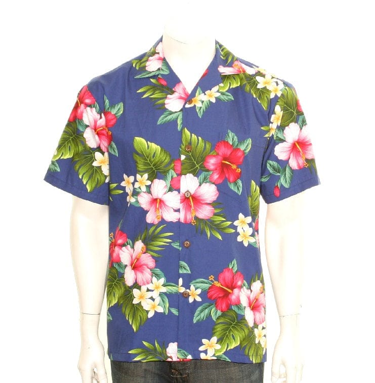 Hibiscus Plumeria  Aloha Shirt - Navy