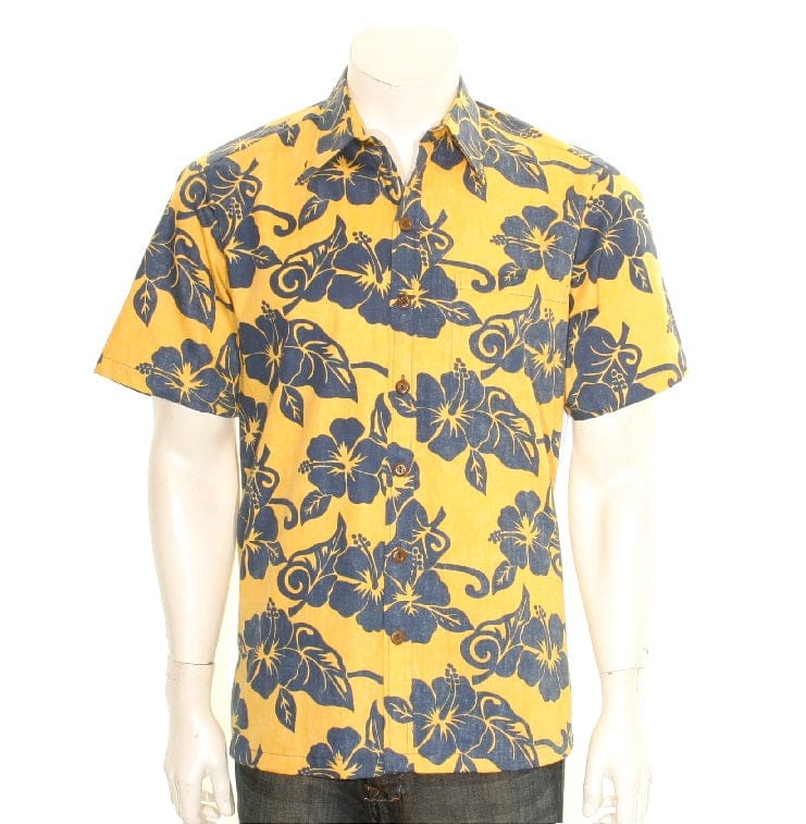 Men's Hibiscus Reverse Print Cotton Aloha Shirt H73615 ~ Yellow