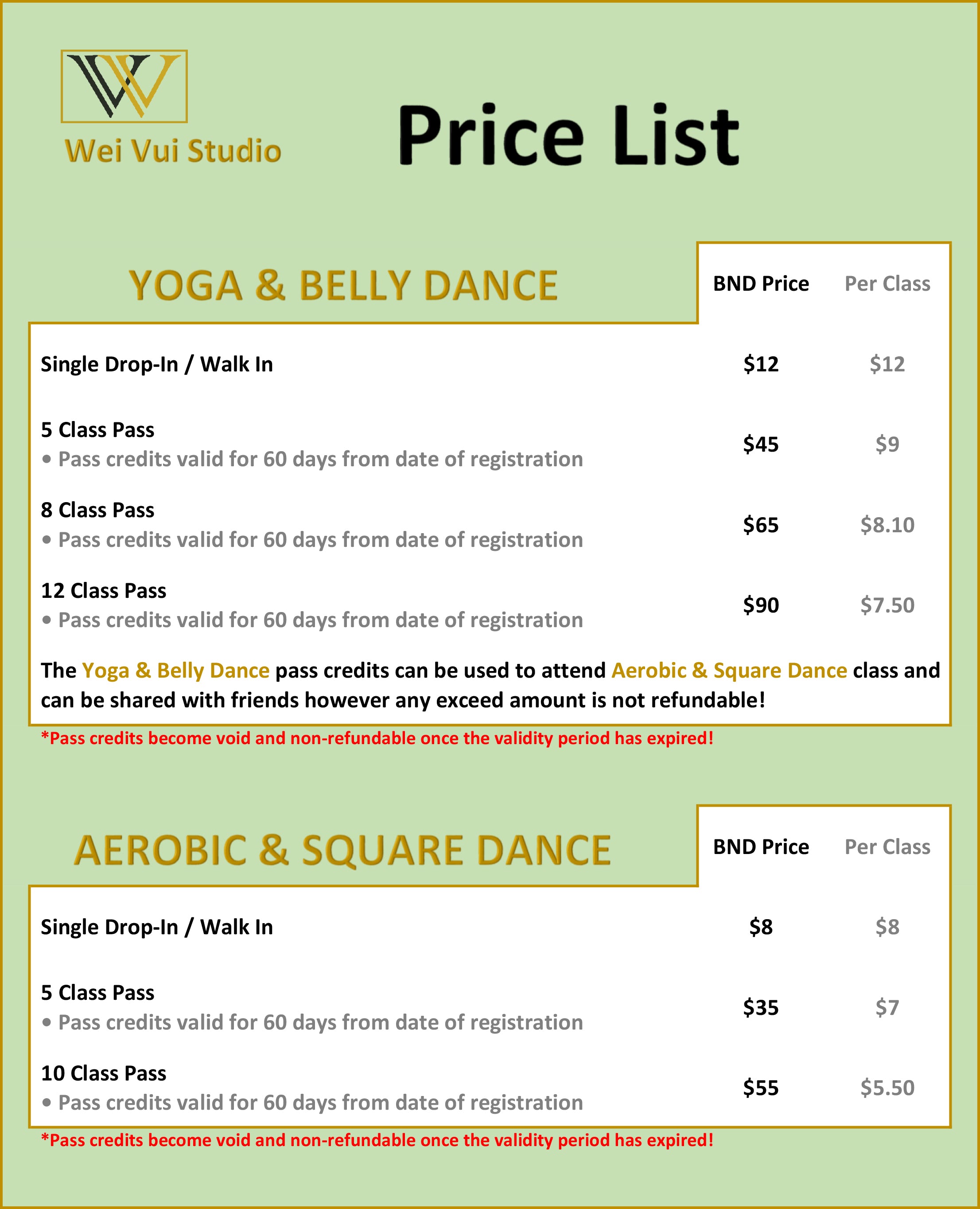 Wei Vui Studio Class Pricing