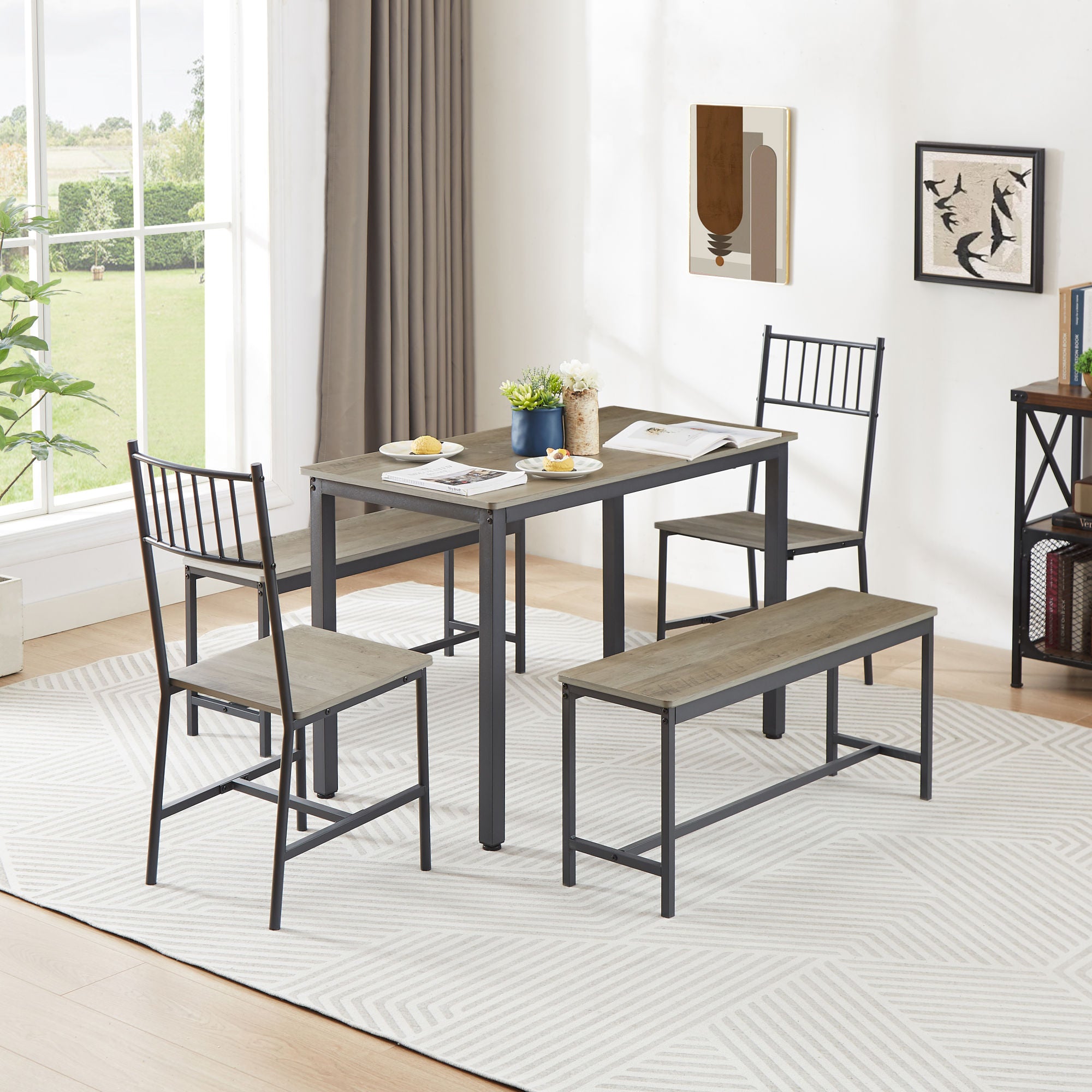 Dining Table Set, Barstool Dining Table with 2 Benches 2 Back Chairs, Industrial Dining Table for Kitchen Breakfast Table, Living Room, Party Room, Rustic Gray and Black,43.3″L x 23.6″W x 29.9″H
