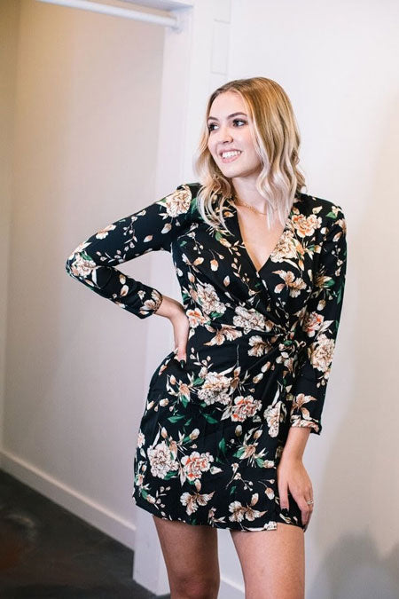 a black floral wrap dress