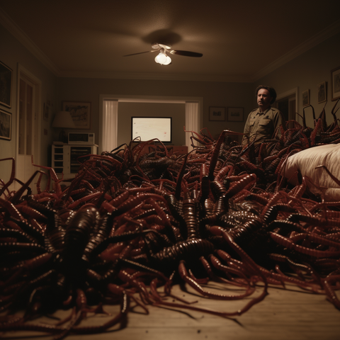 generated AI image of a room filled with giant centipedes and a horrified man