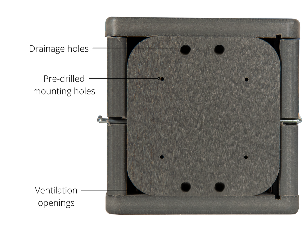 Close-up view of the bottom of a gray birdhouse. The image highlights three key features: small 'Drainage holes' at the top, 'Pre-drilled mounting holes' in the middle for installation, and 'Ventilation openings' at the bottom to ensure airflow.
