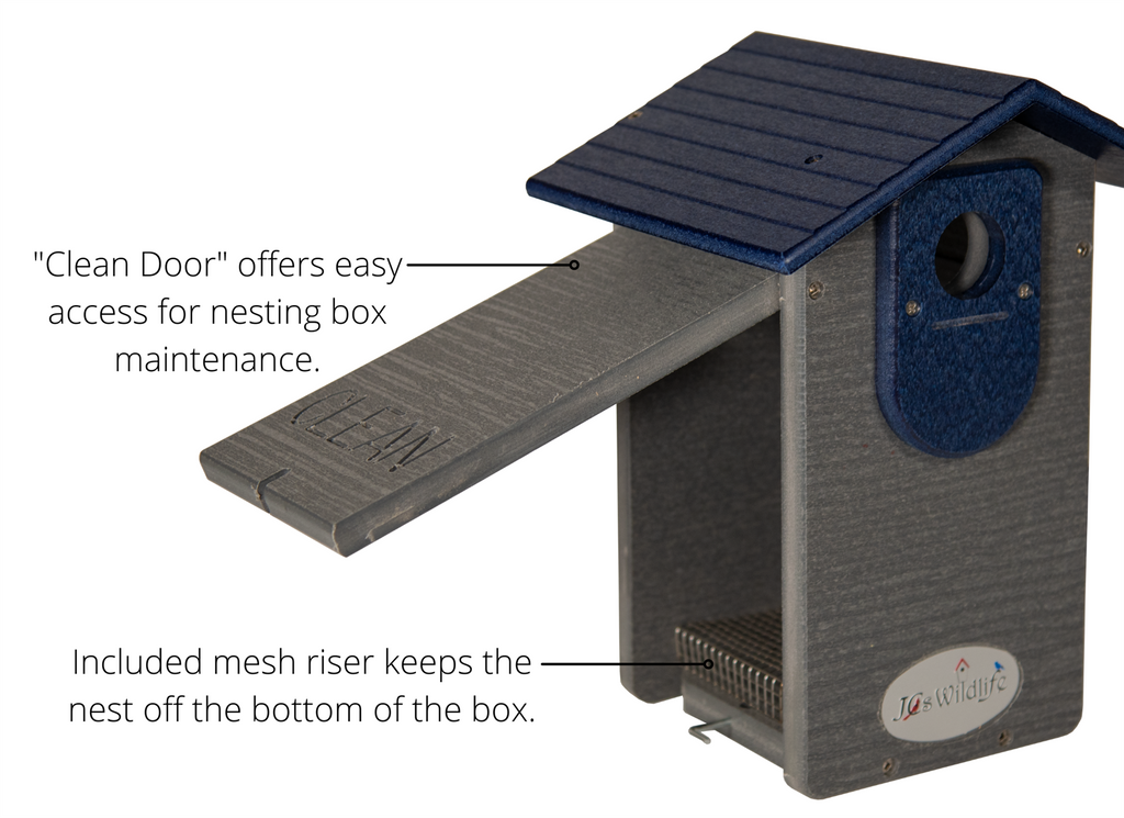 Close-up view of a gray birdhouse featuring a "Clean Door" for easy nesting box maintenance, as indicated by an label. Another label points to a mesh riser at the bottom of the birdhouse, highlighting its role in keeping the nest elevated. The birdhouse also has a 'JC's Wildlife' logo at the bottom front.