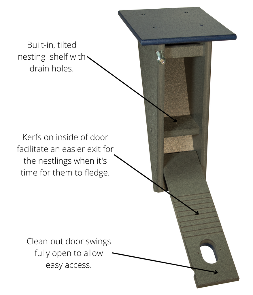 Gray birdhouse with a dark blue roof, showcasing its features: a built-in, tilted nesting shelf with drain holes, kerfs on the inside of the door to help nestlings exit easily, and a fully swing-open clean-out door for easy access.