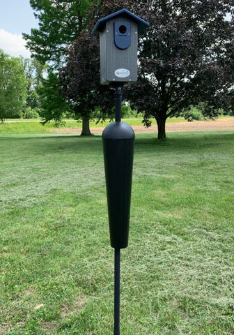 Gray birdhouse with a blue circular entrance, mounted on a tall black post, set against a backdrop of a grassy field and a dark-leaved tree.