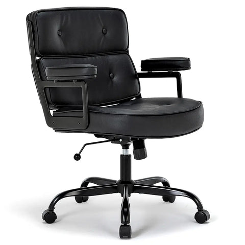 Black leatherette chair with high-back design