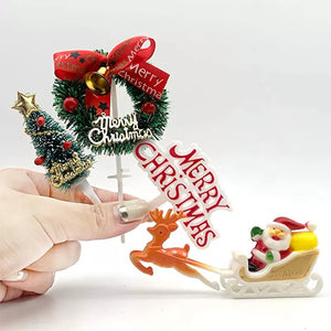4PCS Christmas Cake Toppers Santa Deer Star Tree Bell Garland Stand UP - Shopping While Drunk