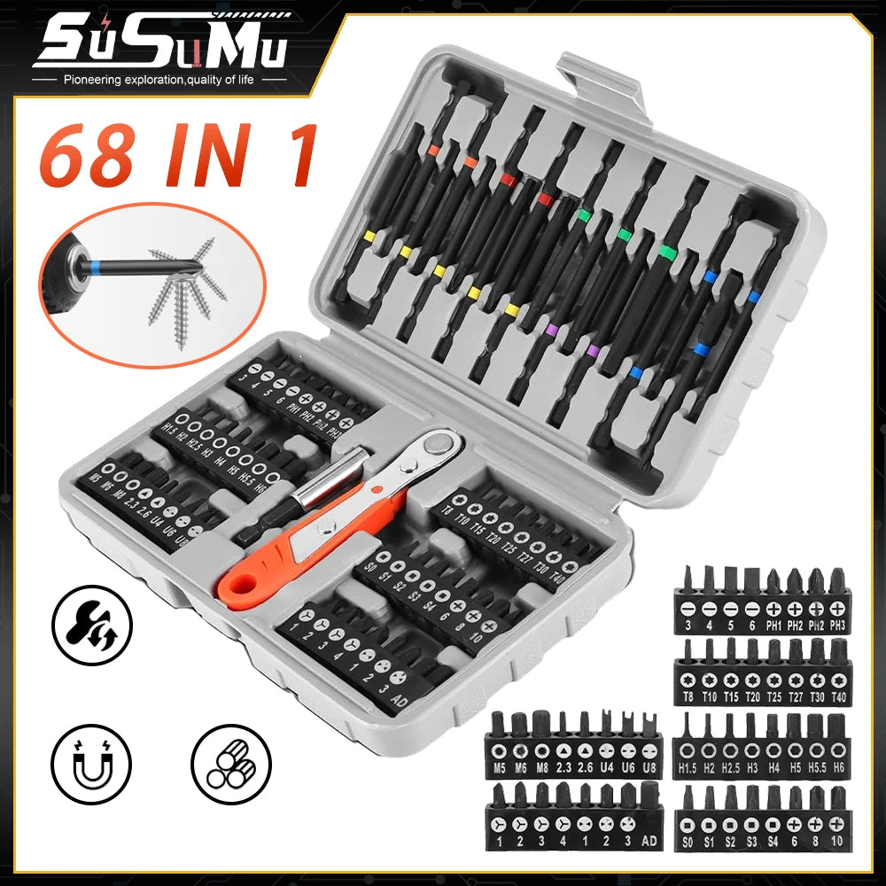 68pcs Ratchet Screwdriver Bit Set 1/4" Hex Shank Wrench Magnetic