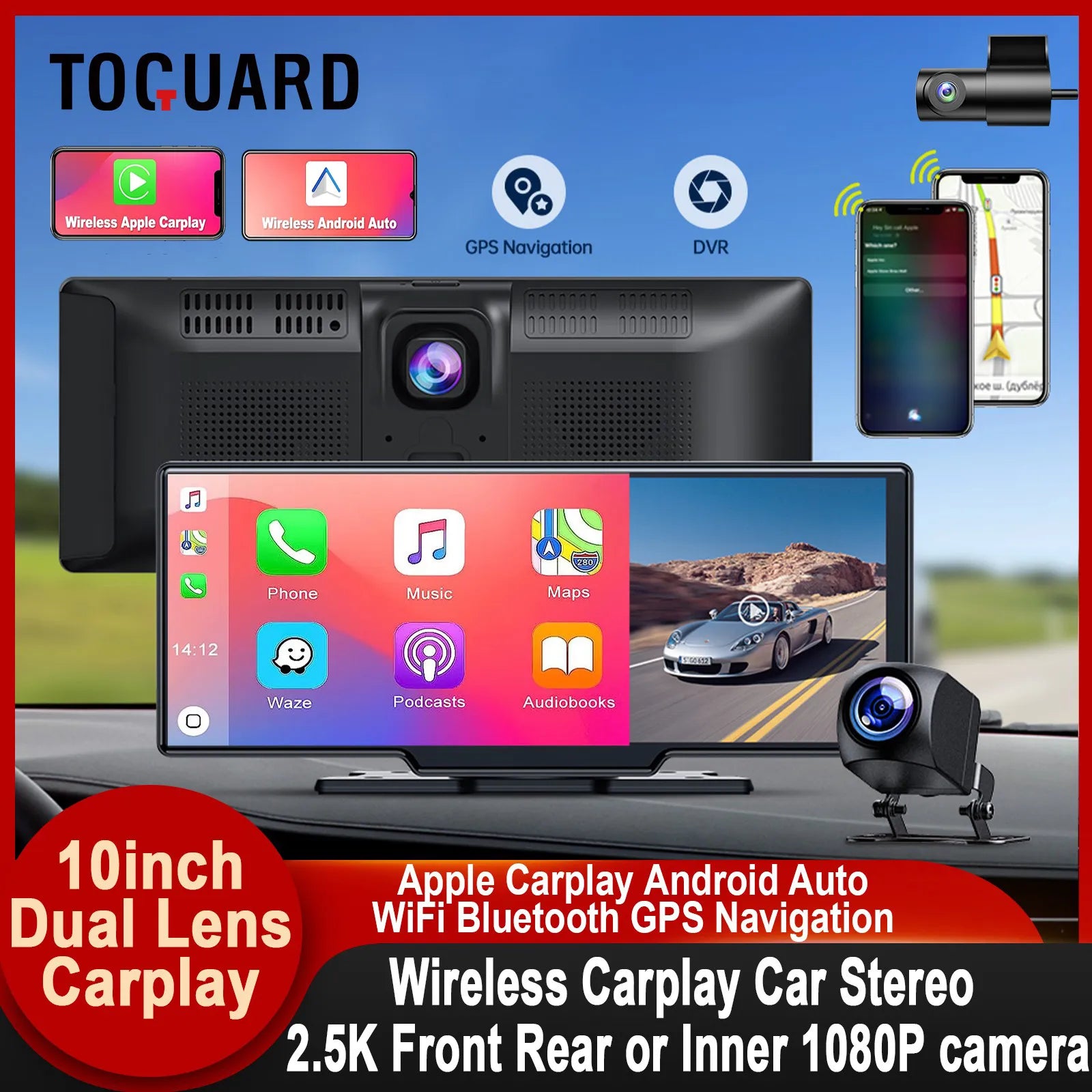 TOGUARD 10inch Dual Lens Wireless Car play Screen Android Auto Car