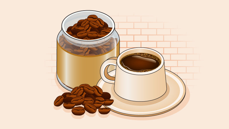 Coffee cup with saucer and jar of coffee beans