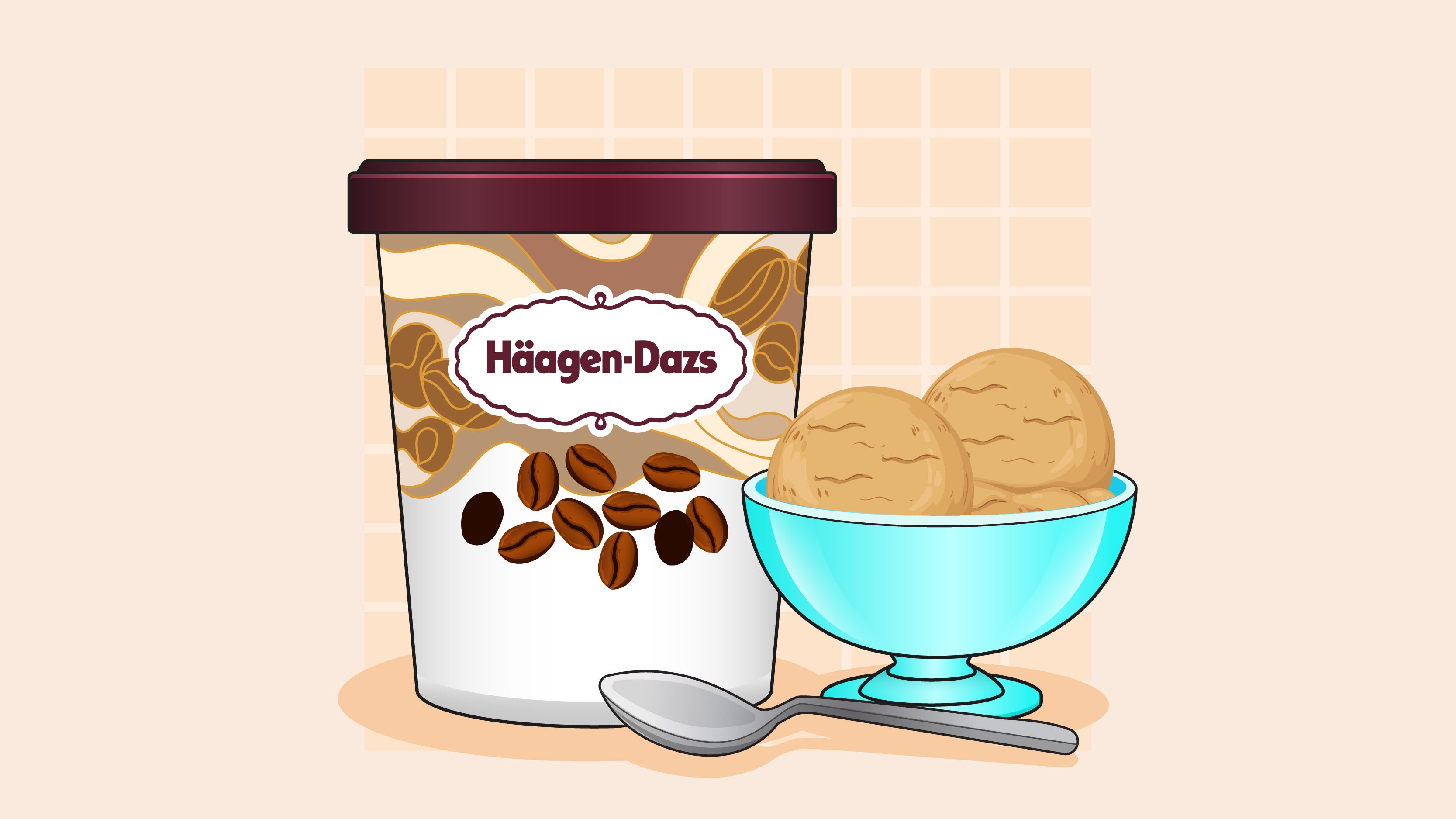 A tub of Häagen-Dazs coffee ice cream beside a bowl with two scoops