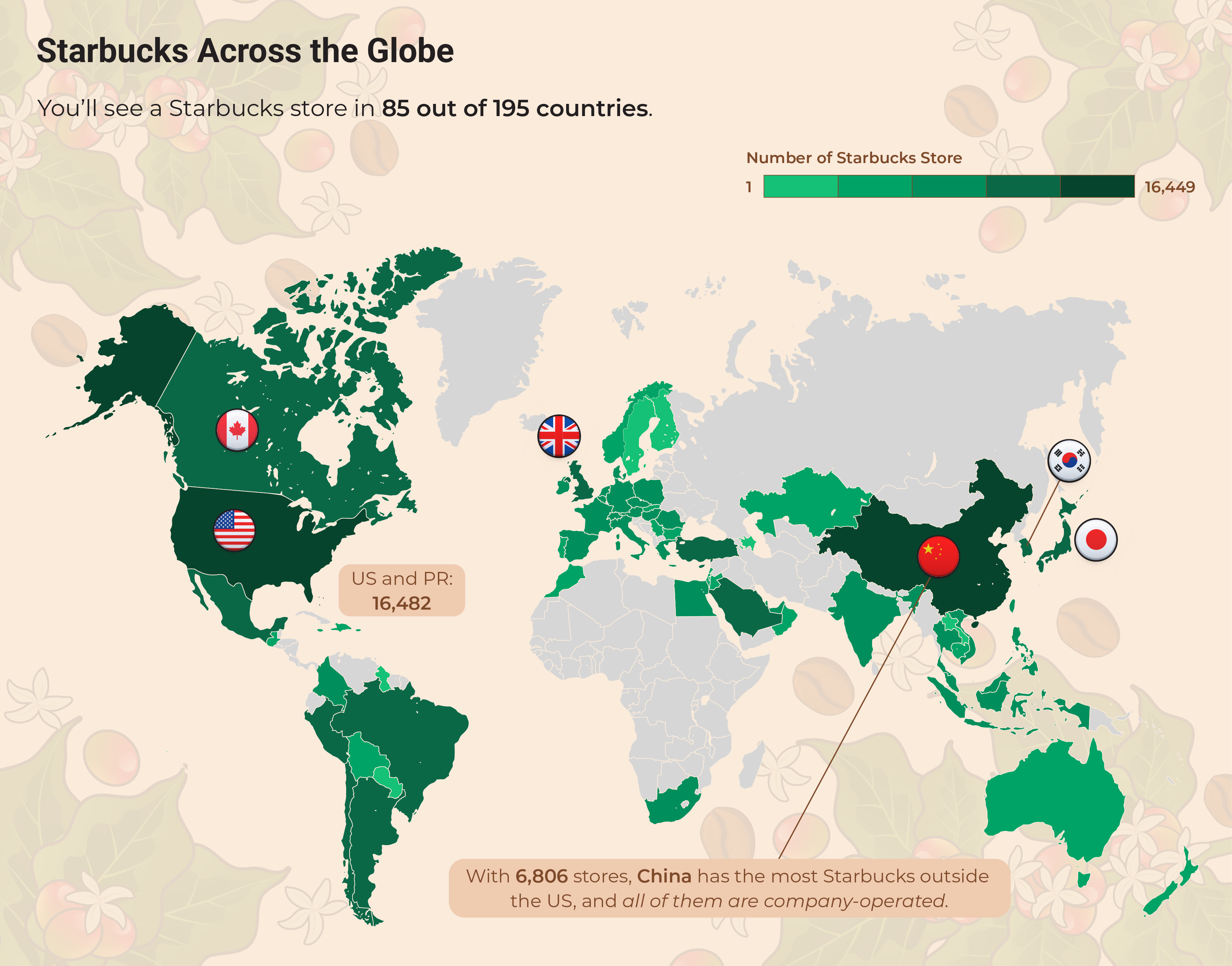 World map highlighting the countries with Starbucks.