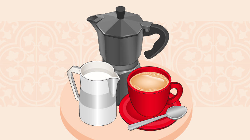 Moka pot, cappuccino, and milk jug on a table