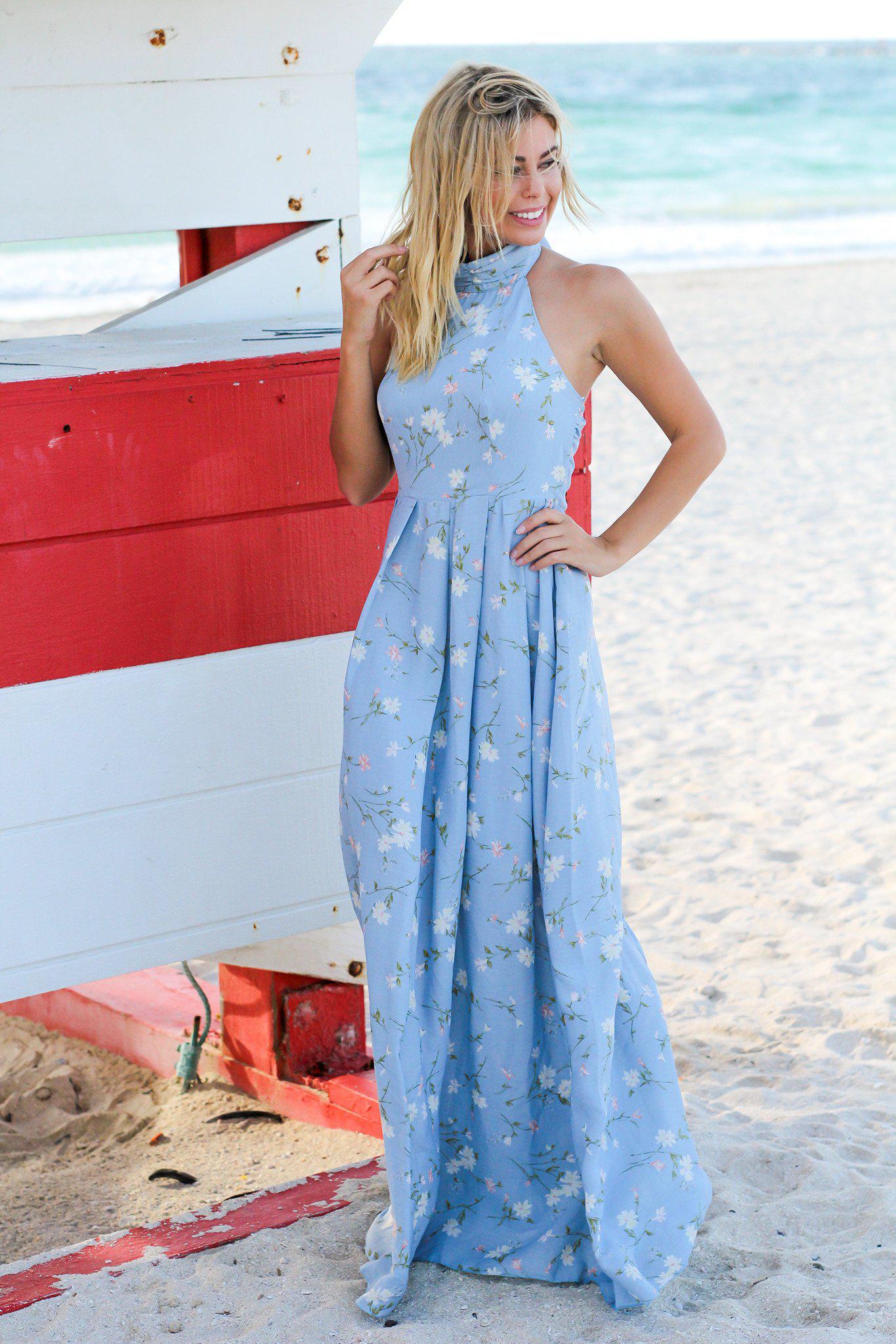 Baby Blue Floral Halter Neck Maxi Dress | Maxi Dresses – Saved by the Dress