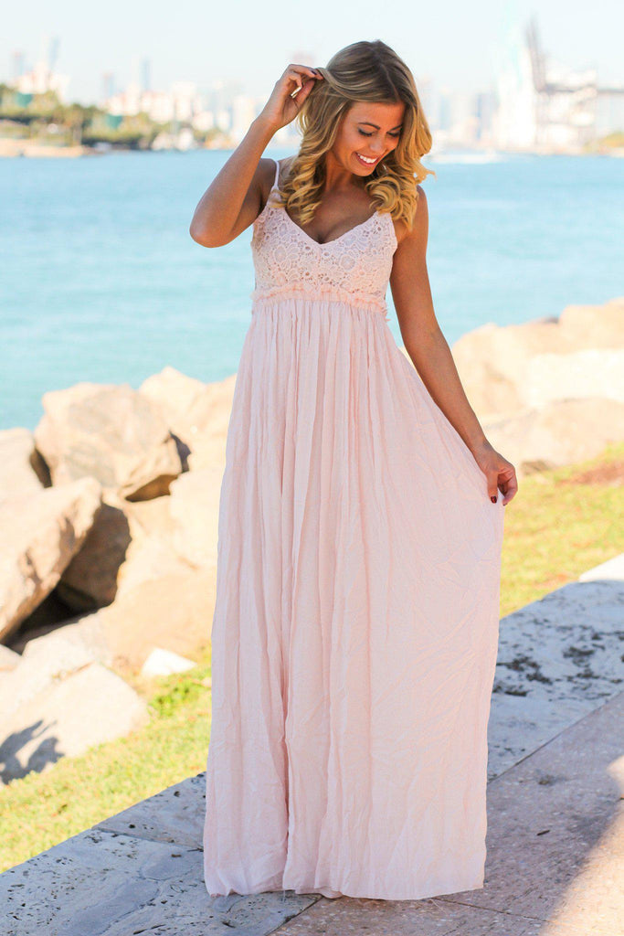 Baby Pink Lace Maxi Dress with Open Back | Maxi Dresses – Saved by the ...