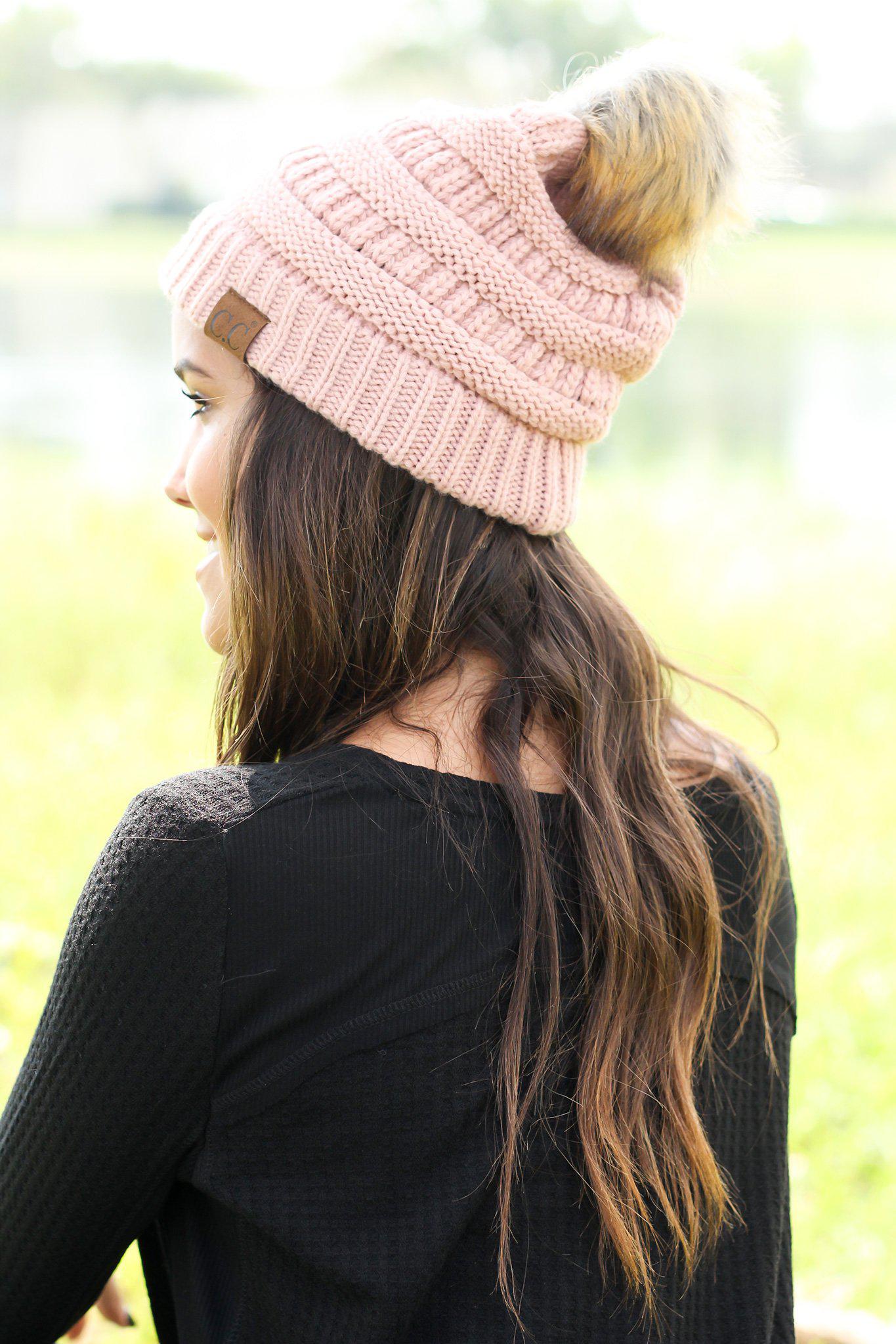 Indi Pink Knit Beanie with Pom Pom Beanie Saved by the Dress