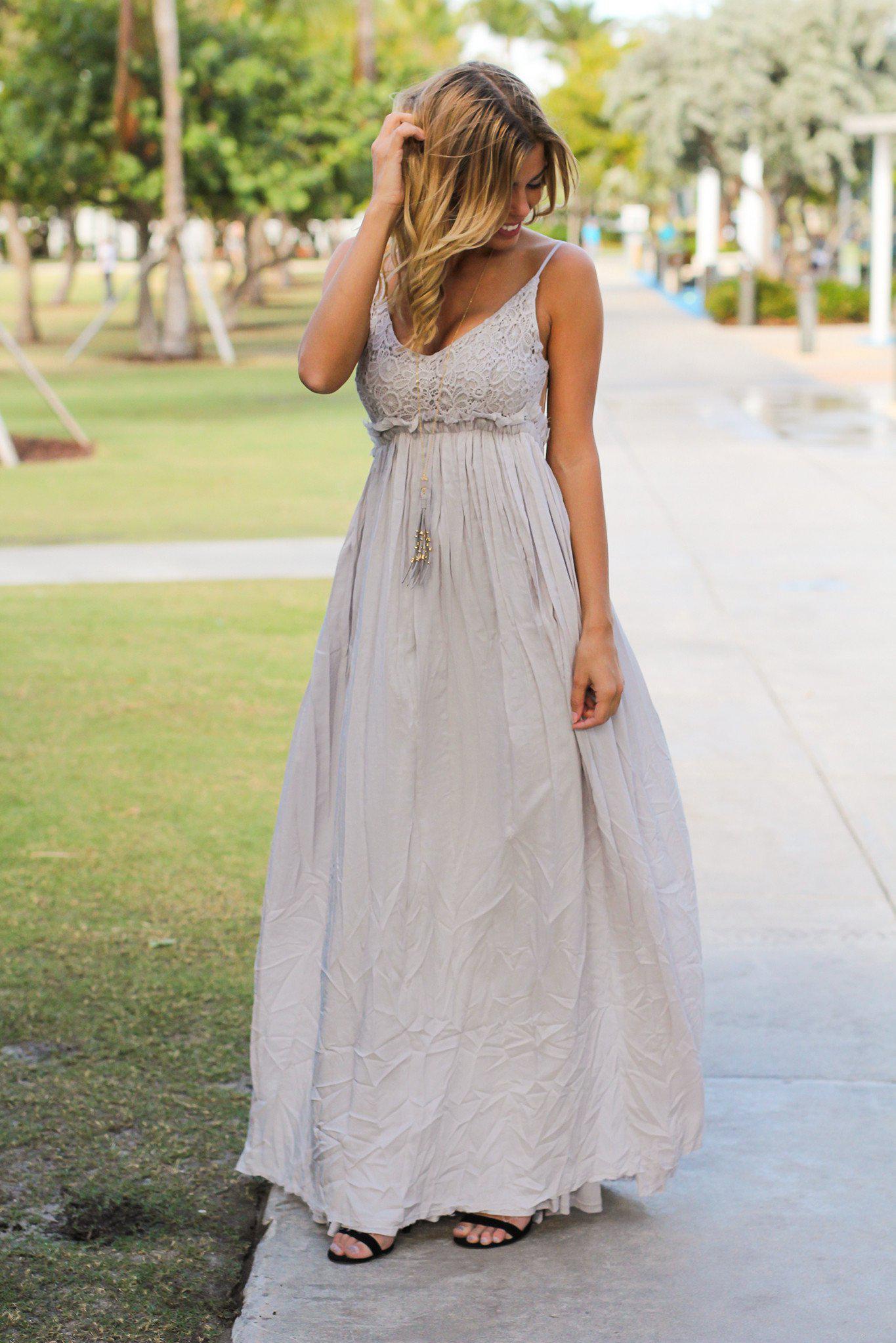 Silver Lace Maxi Dress with Open Back and Frayed Hem | Maxi Dresses ...