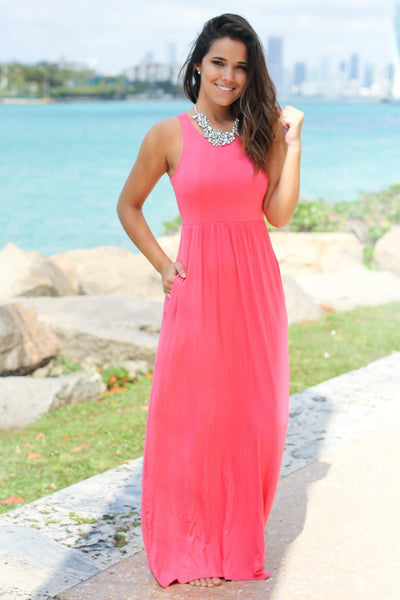Coral Maxi Dress with Pockets | Maxi Dresses – Saved by the Dress