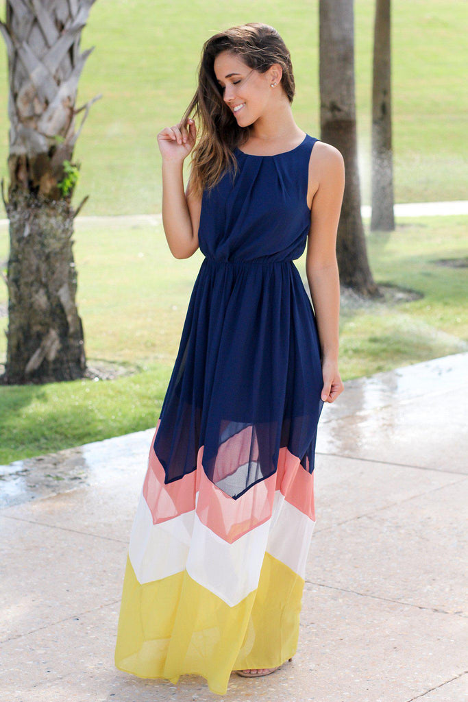 Navy and Yellow Chevron Maxi Dress | Maxi Dresses – Saved by the Dress