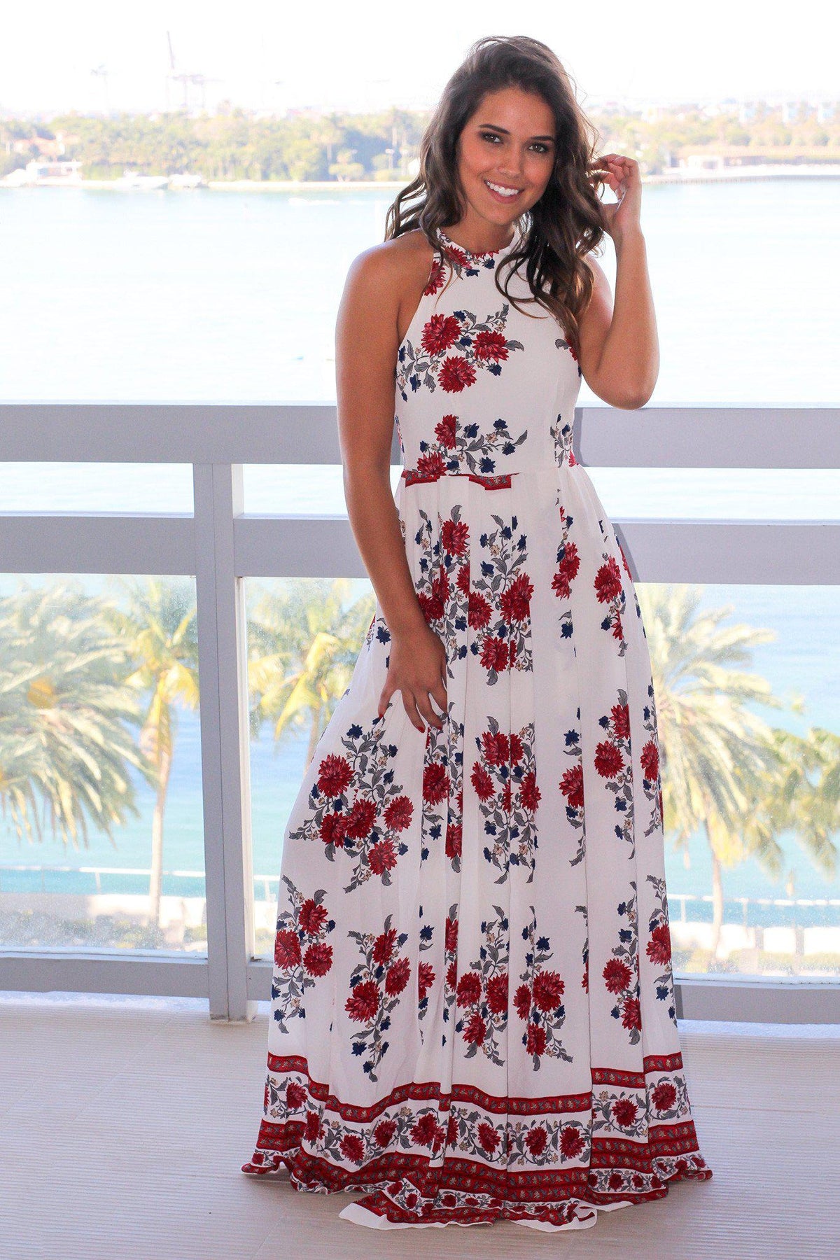 Ivory Printed Halter Neck Maxi Dress | Online Boutiques – Saved by the ...