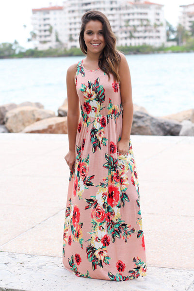 Peach Floral Sleeveless Maxi Dress | Cute Dresses – Saved by the Dress