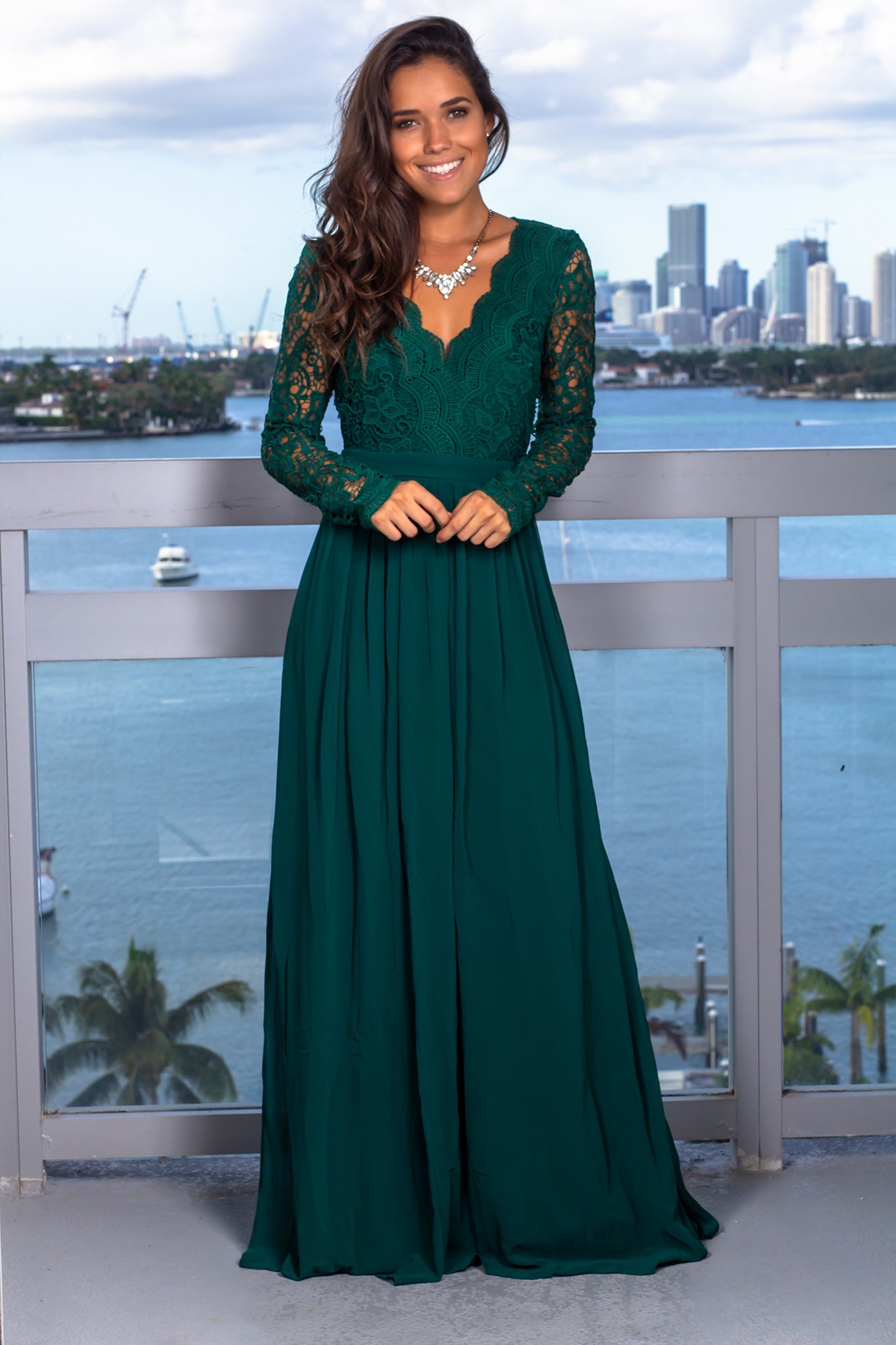 hunter green maxi dress long sleeve