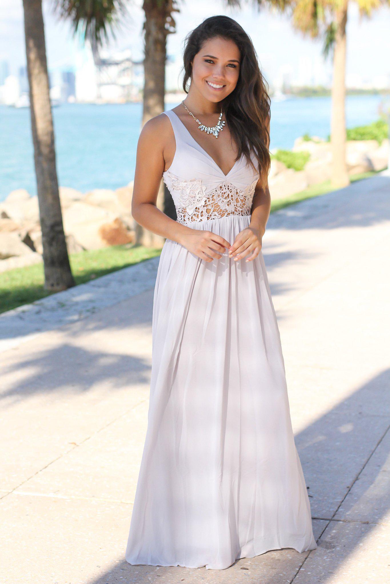 Gray V-Neck Maxi Dress with Lace | Beautiful Dresses#N#– Saved by the Dress