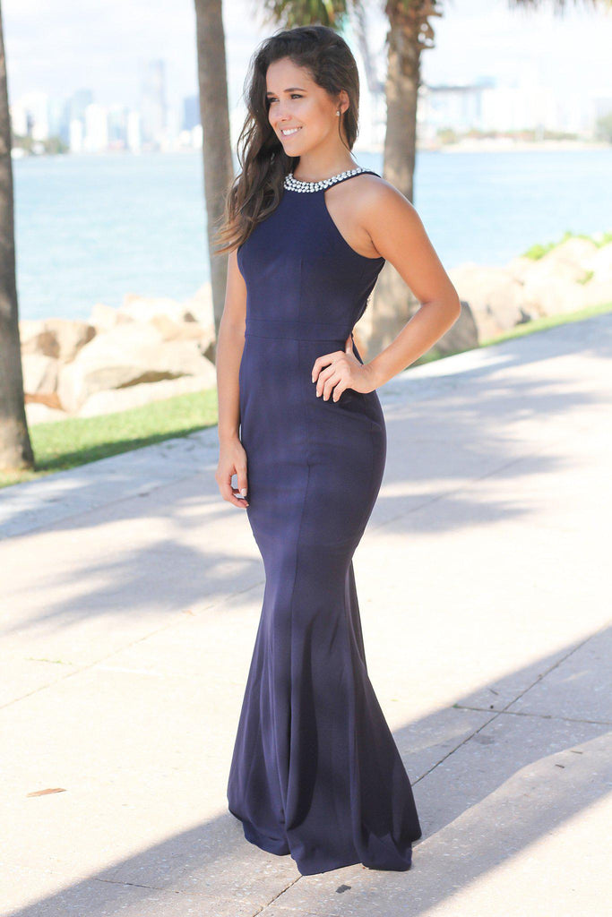 Navy Maxi Dress With Open Back And Pearl Detail Maxi Dresses Saved By The Dress 7299