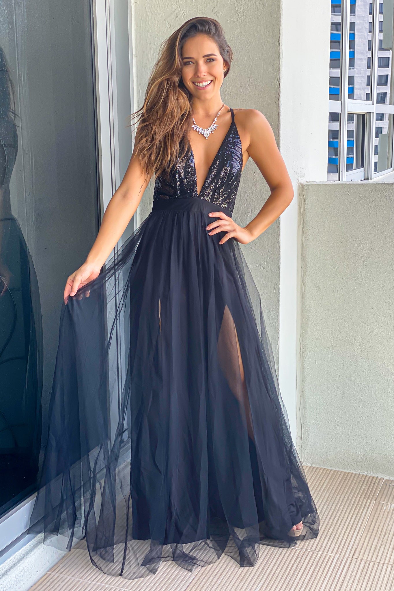 black maxi sequin dress