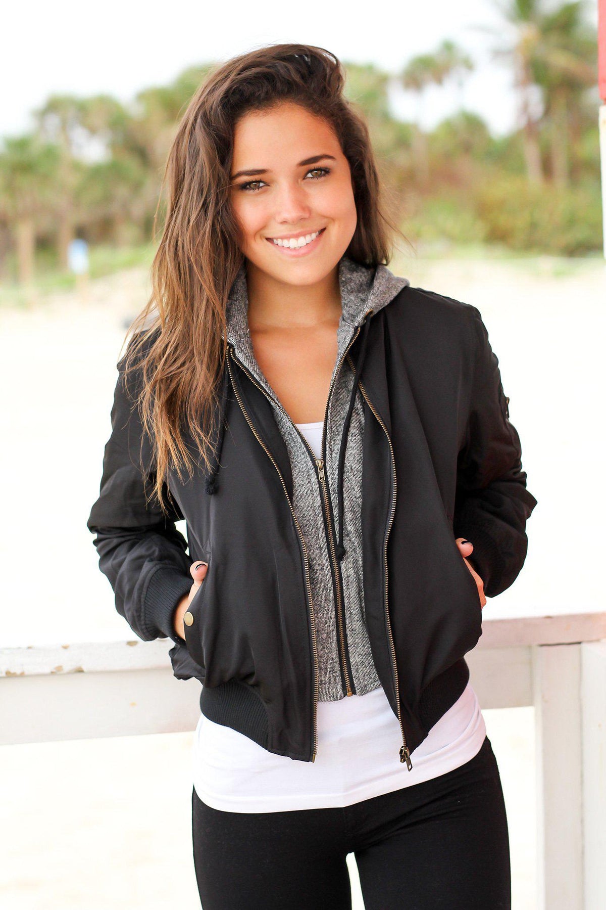 Black Bomber Jacket with Gray Hood | Cute Jackets – Saved by the Dress